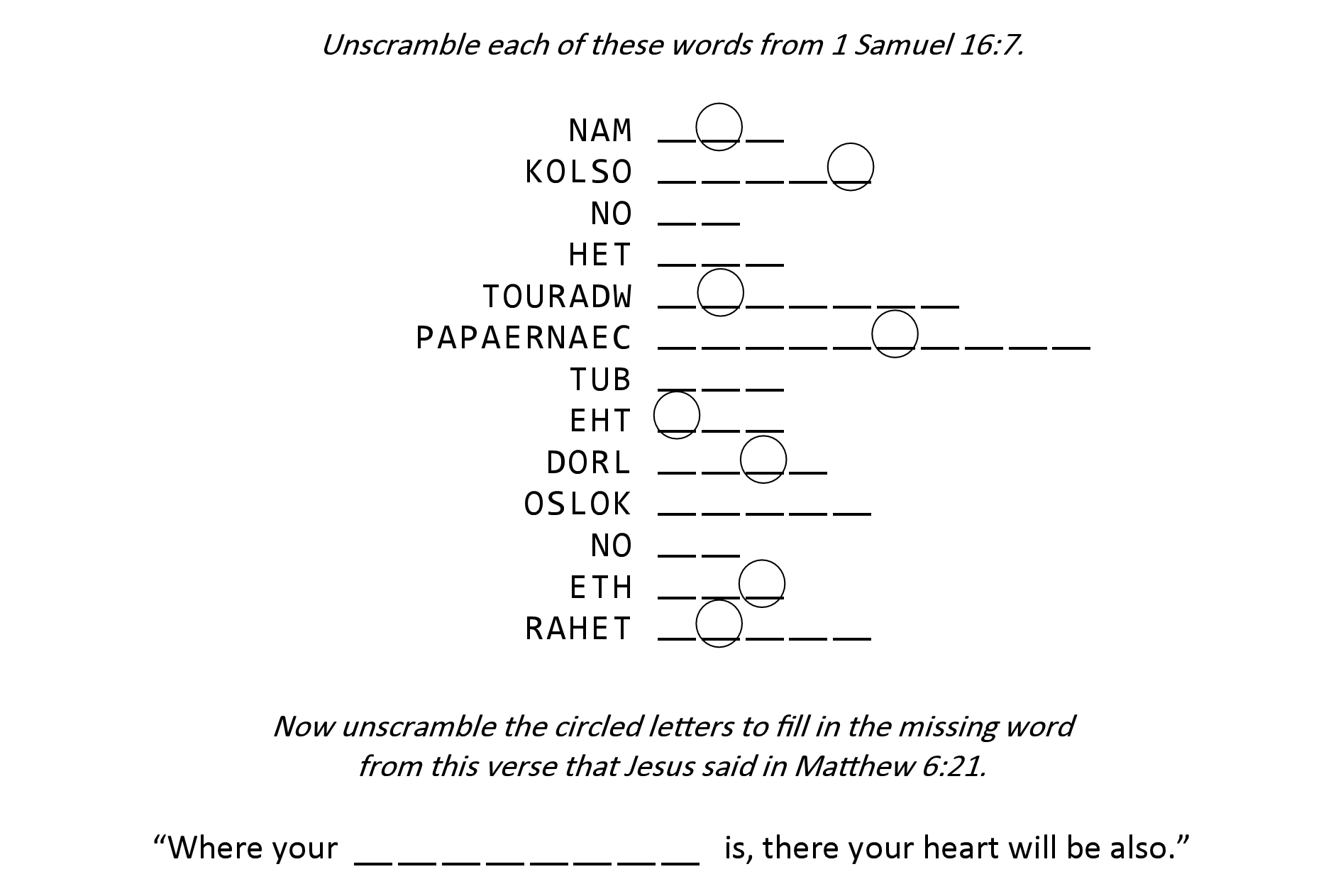 1 Samuel 16:7 Sunday school activity jumble puzzle