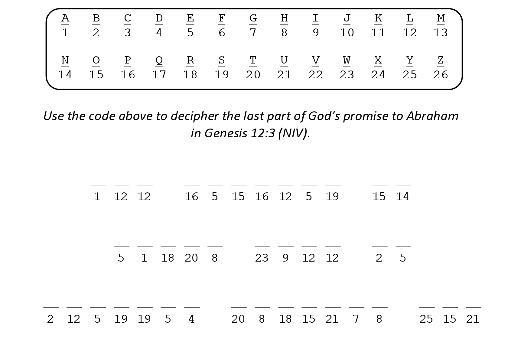 Genesis 12:3 Sunday school activity code puzzle