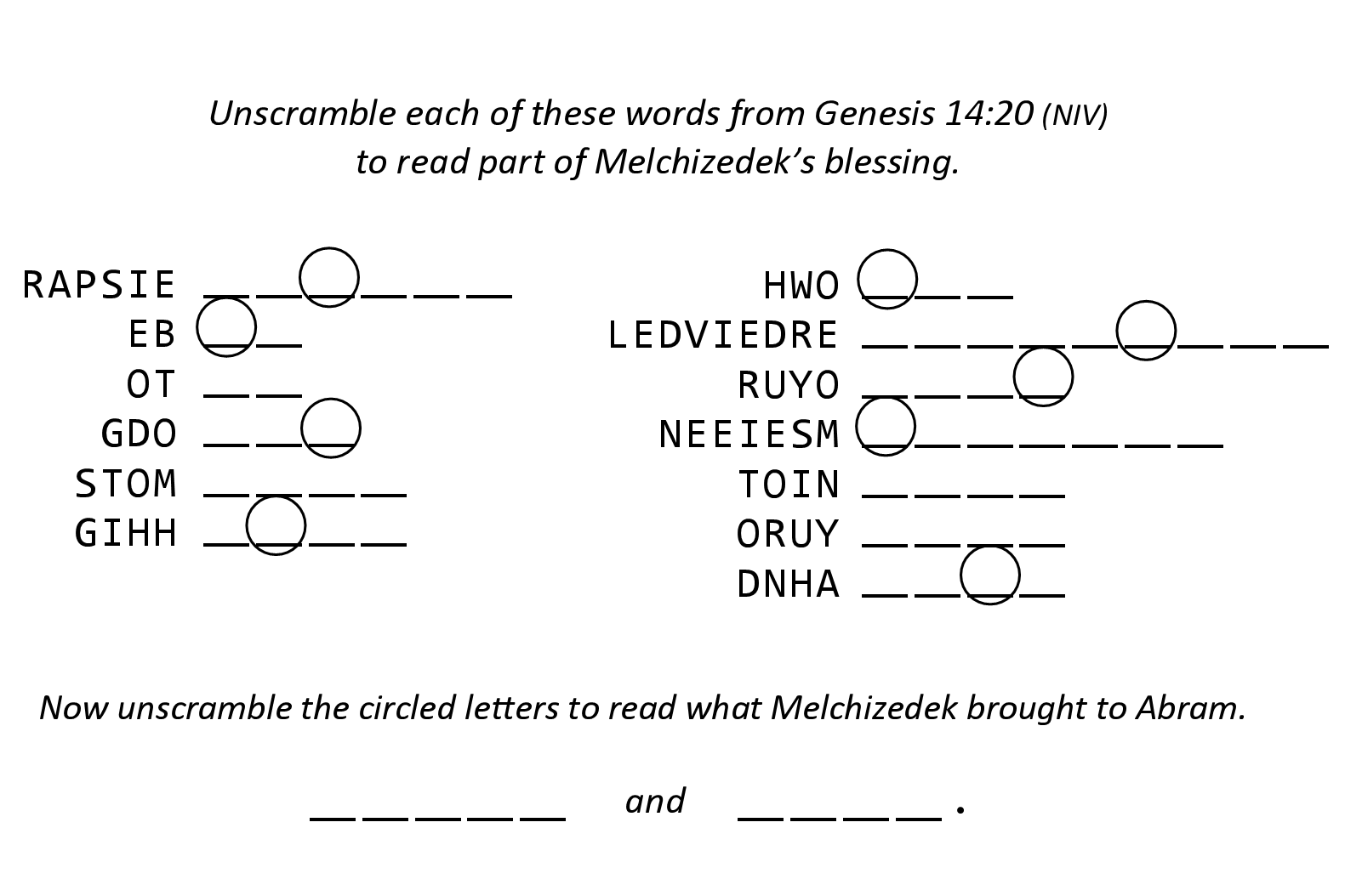 Genesis 14:20 Sunday school activity puzzle