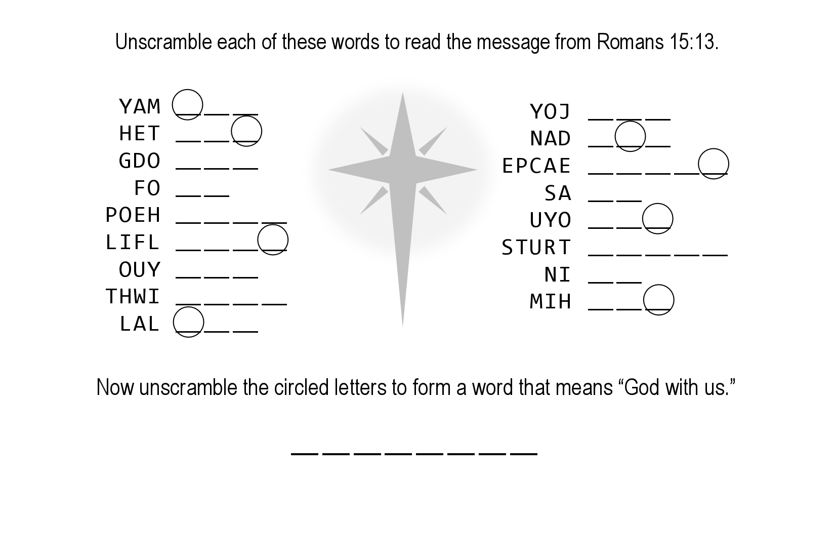 Romans 15:13 Sunday school activity jumble puzzle