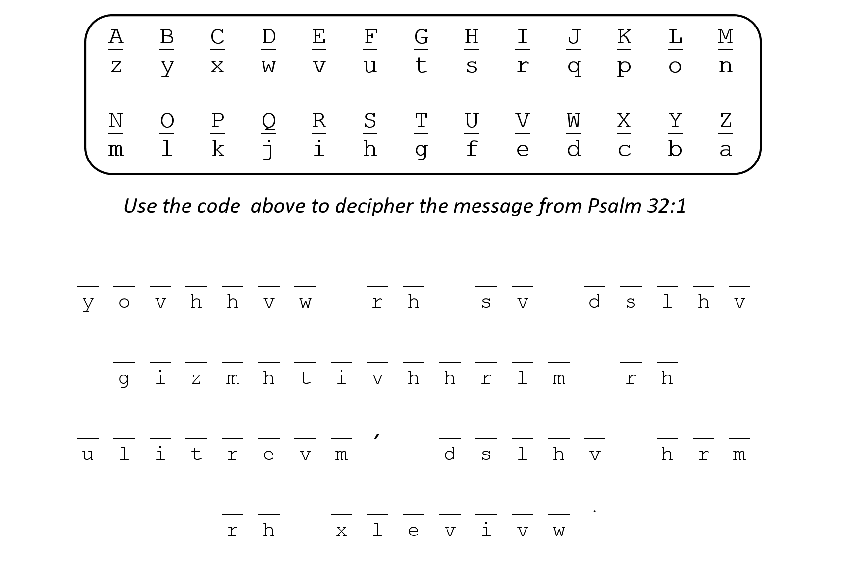 Psalm 32:1 Sunday school activity code puzzle