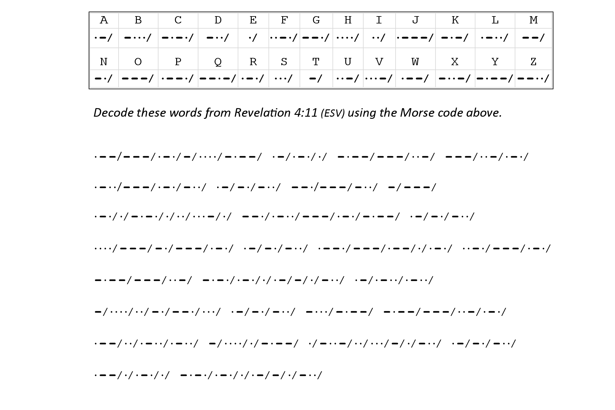 Revelation 4:11 Sunday school activity page code puzzle