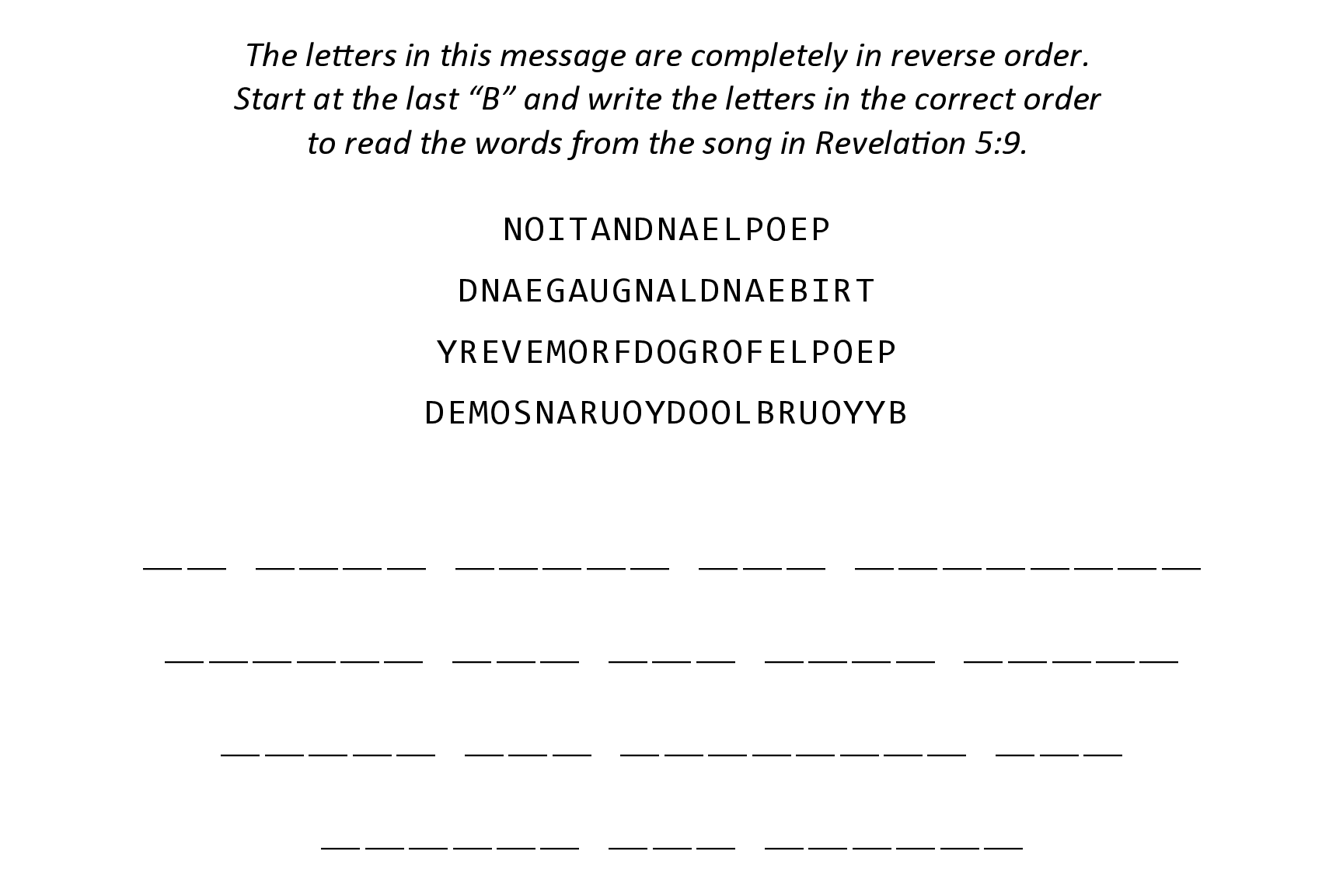 Revelation 5:9 Sunday school activity puzzle