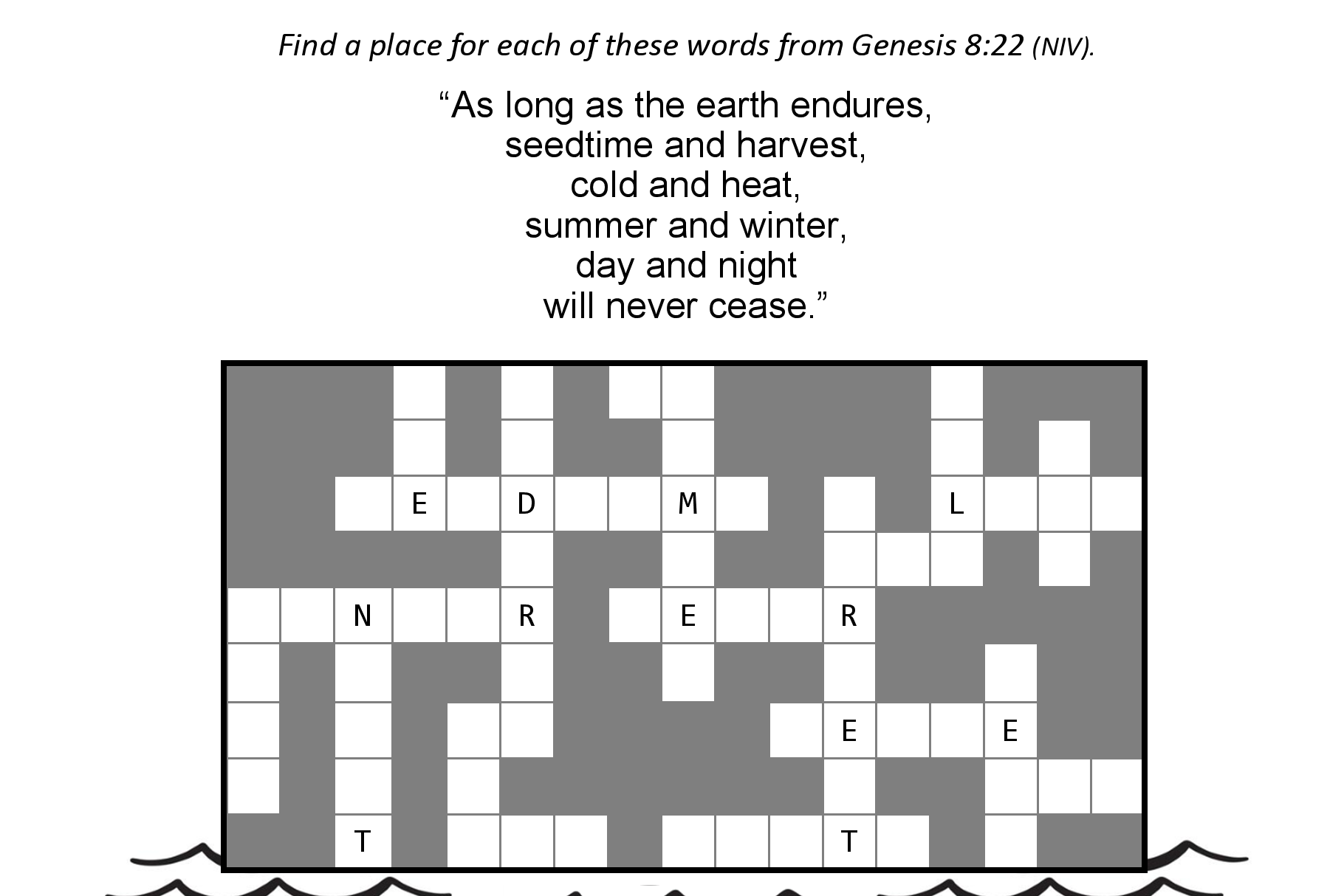 Genesis 8:22 Sunday school activity crossword puzzle