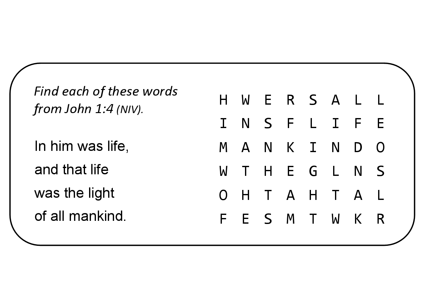 John 1:4 Sunday school activity wordsearch puzzle