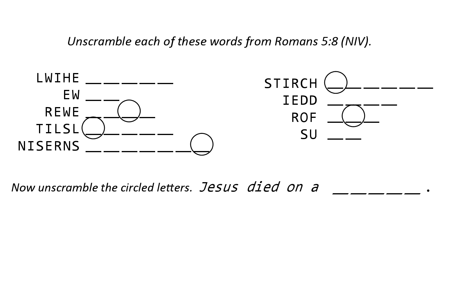 Romans 5:8 Sunday school activity jumble puzzle