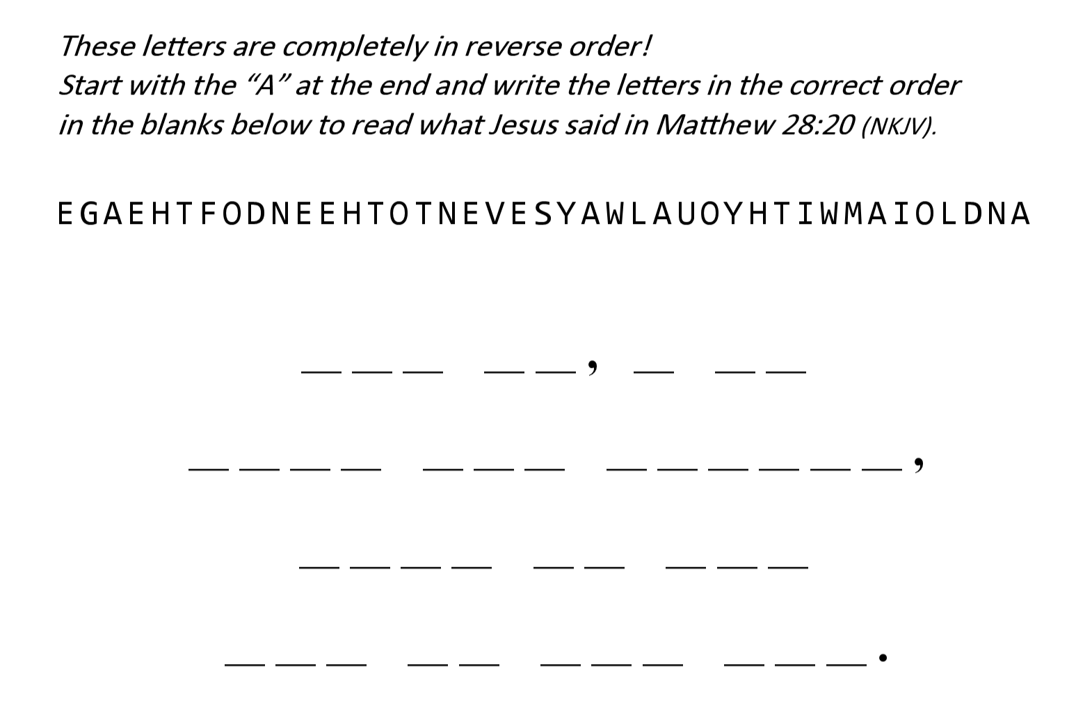 Matthew 28:20 Sunday school activity puzzle