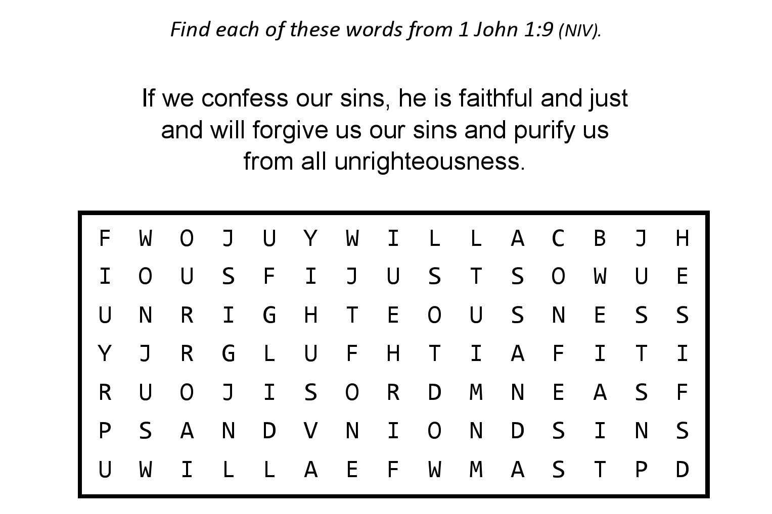 1 John 1:9 Sunday school activity puzzle wordsearch