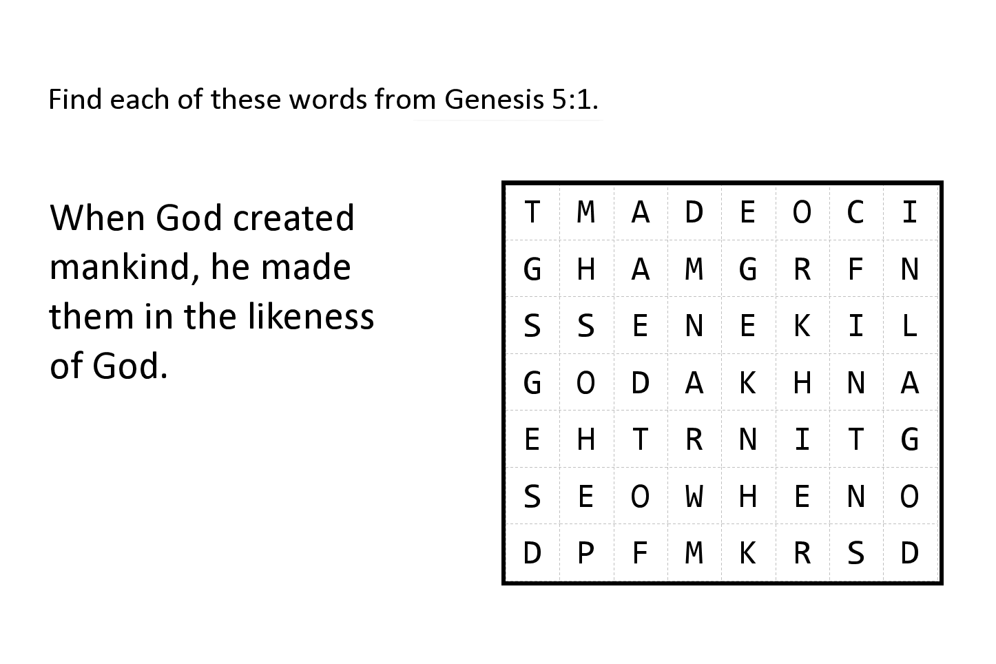 Genesis 5:1 Sunday school activity wordsearch puzzle