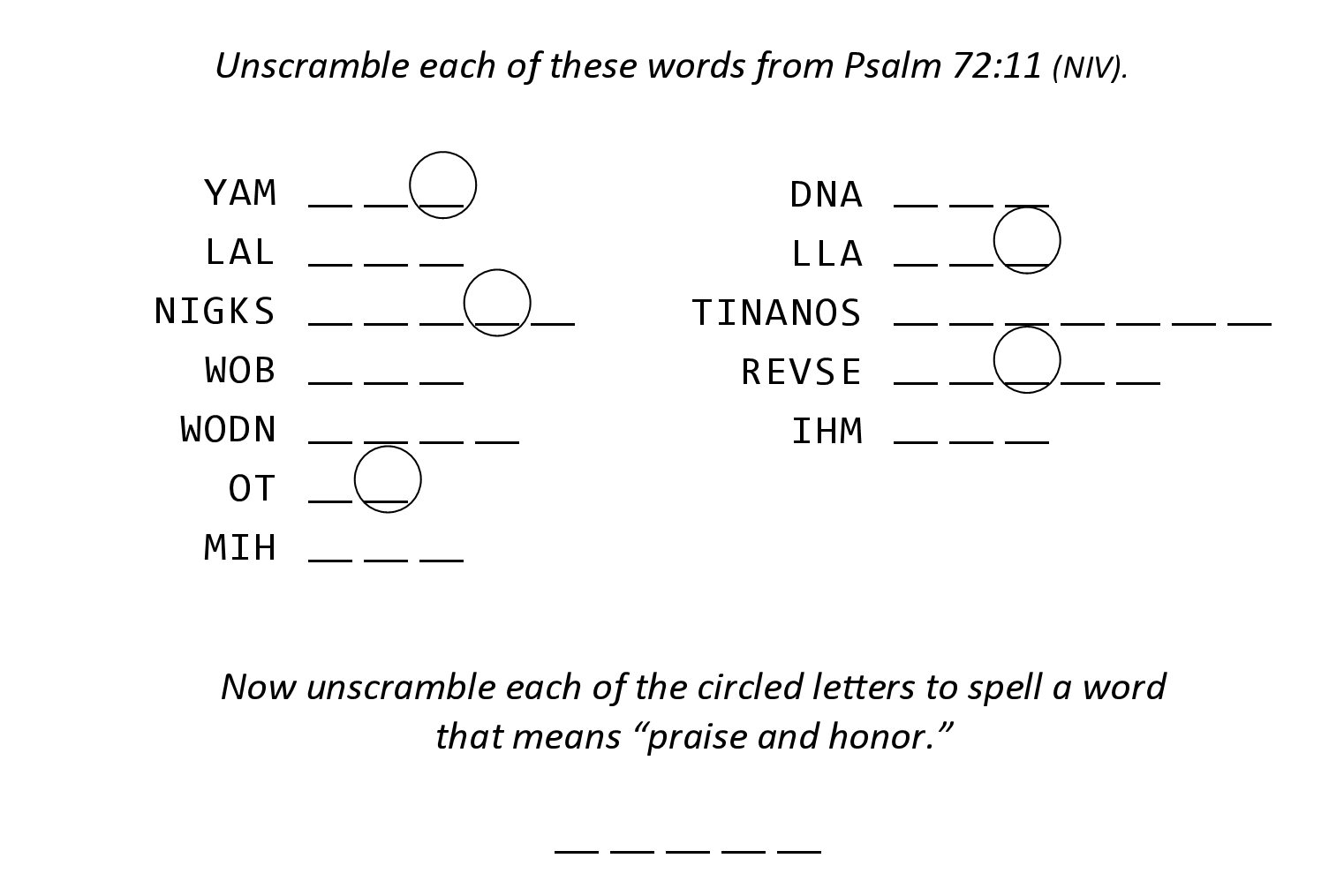 Psalm 72:11 Sunday school activity jumble puzzle