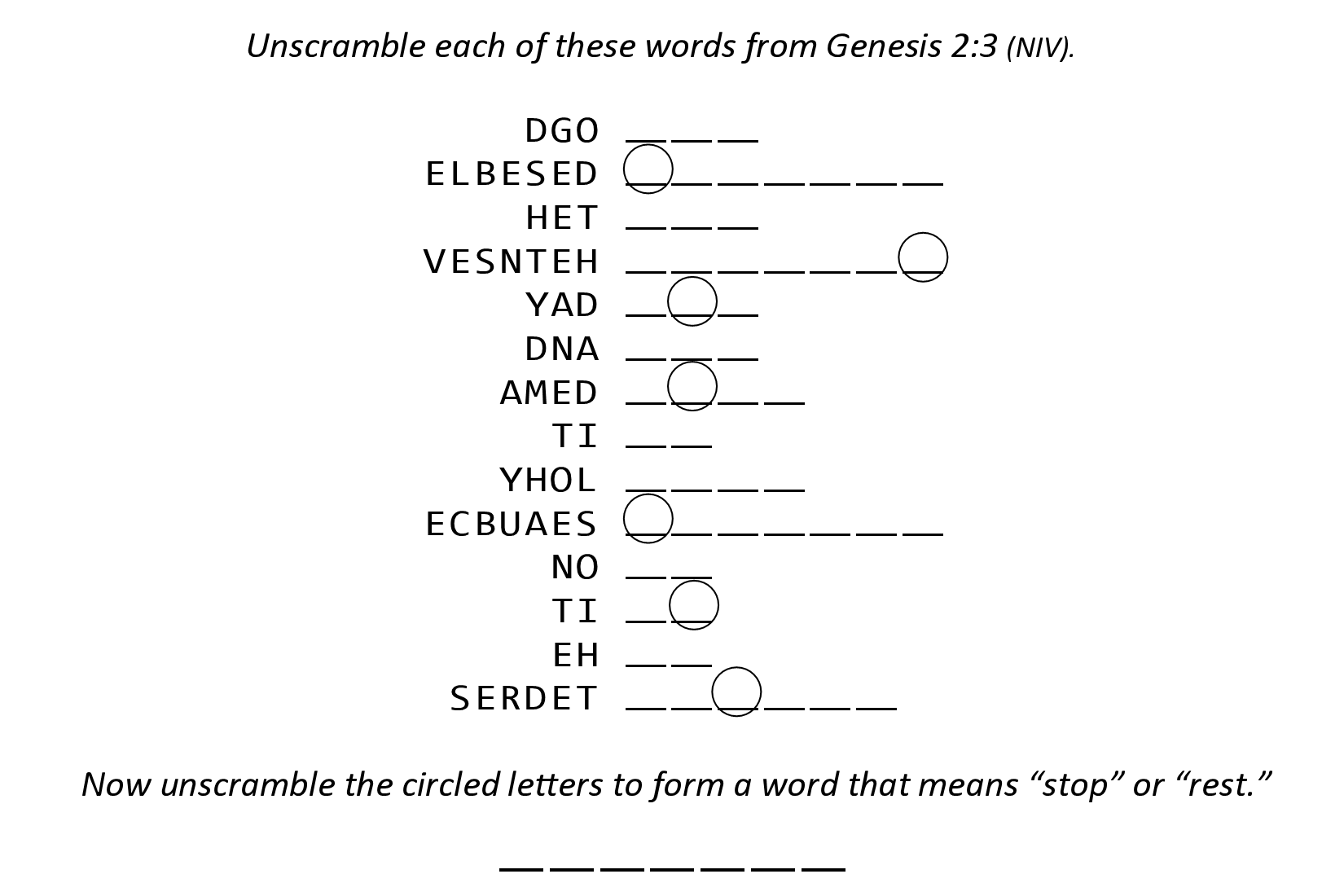 Genesis 2:3 Sunday school activity puzzle jumble