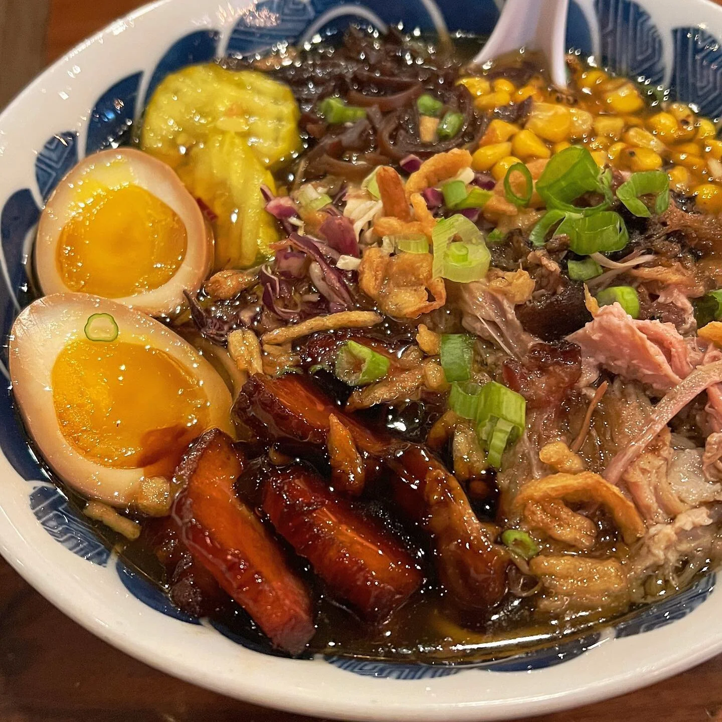 Celebrated the Hubs&rsquo; birthday with some deliciously decadent ramen at @wood.ear.telluride. This pork belly + pulled pork ramen was rich, salty and even a little sweet. Just perfect for a cool autumn evening in the mountains. 
.
.
.
.
.
#ramen #