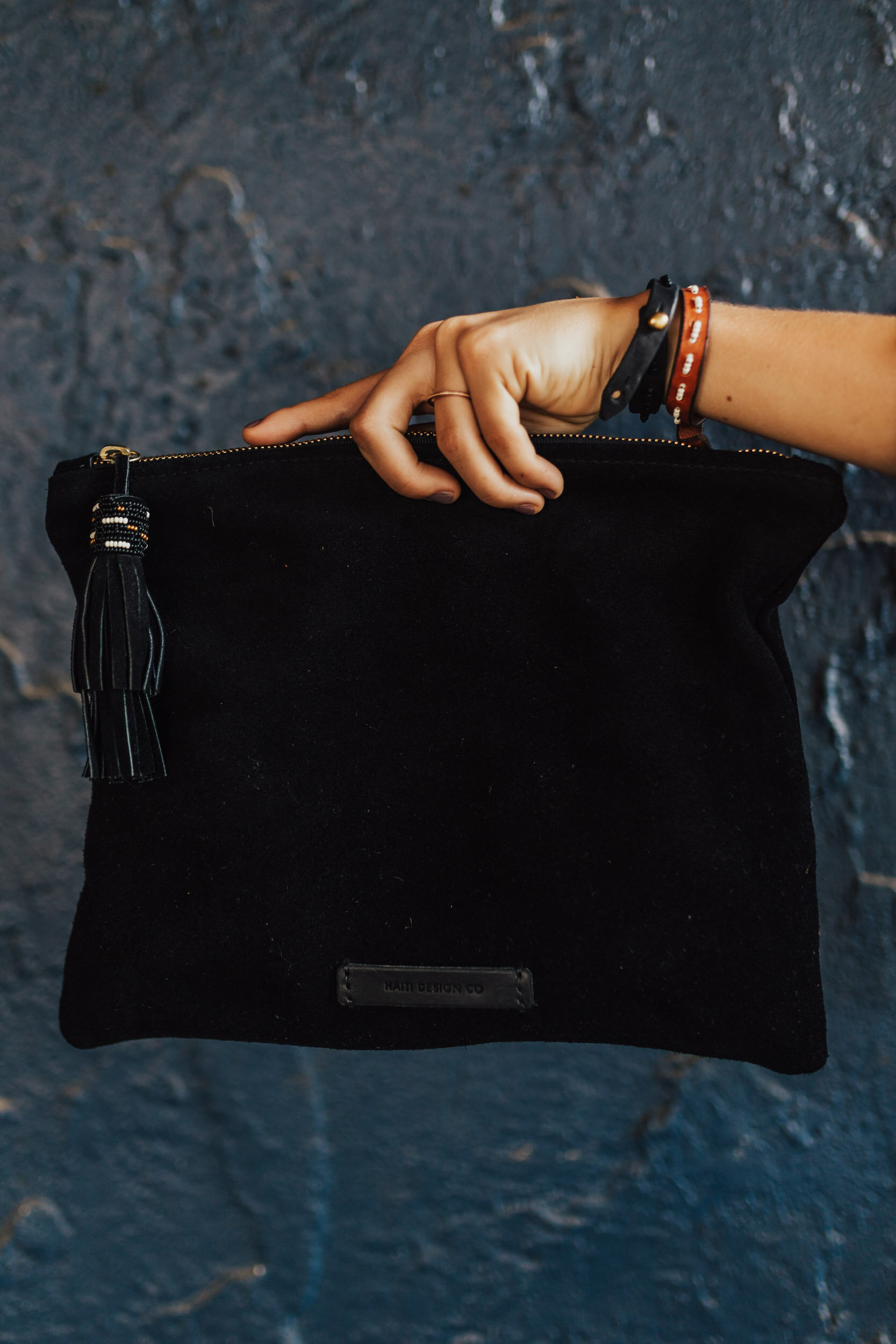 black suede and leather pouch Haiti Design Co
