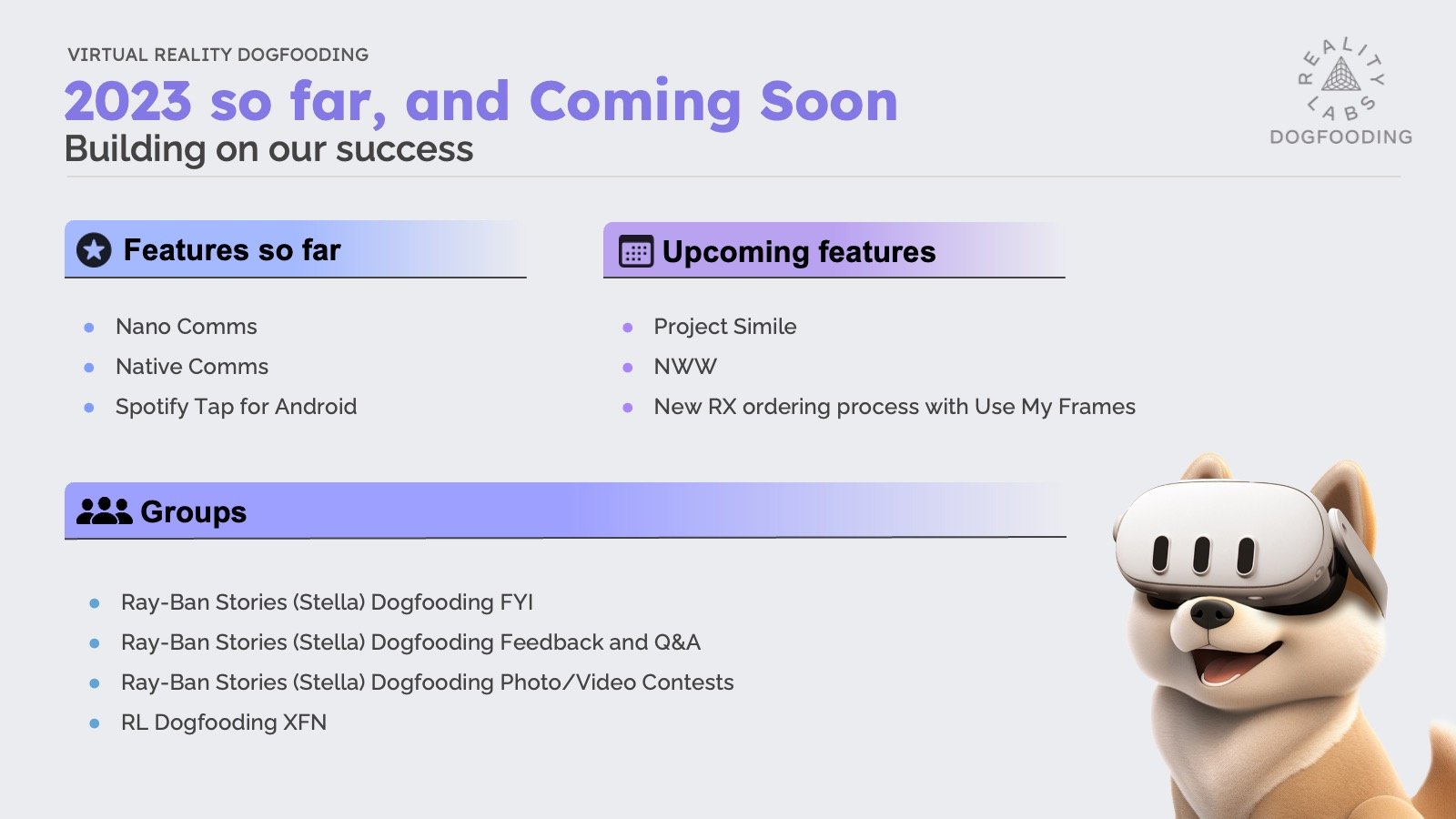 Meta Reality Labs Virtual Reality Dogfooding sample slide