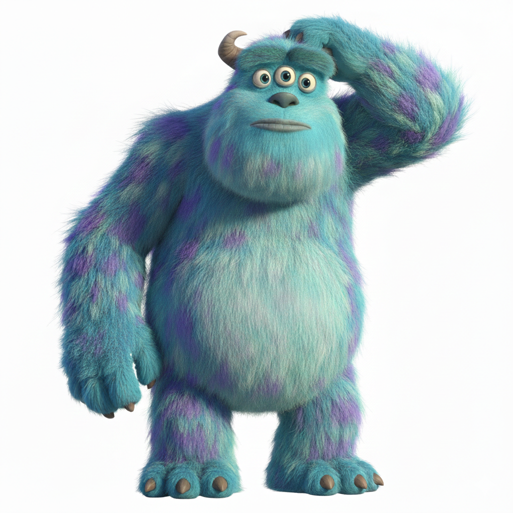 A colorful, furry monster with three eyes, purple spots, and a single horn, scratching its head in confusion.
