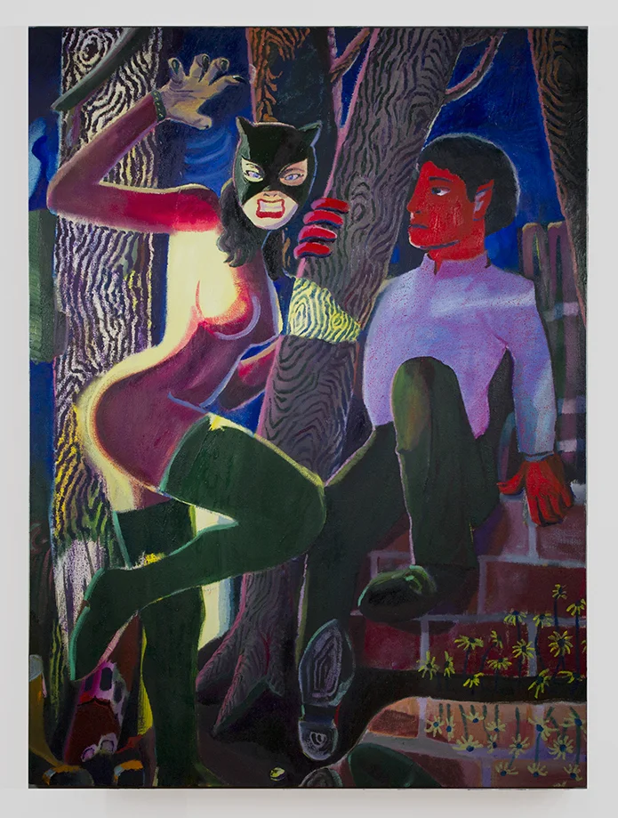 Backyard Larpers , 2018, oil on canvas, 50 x 36 in/127 × 91.44 cm