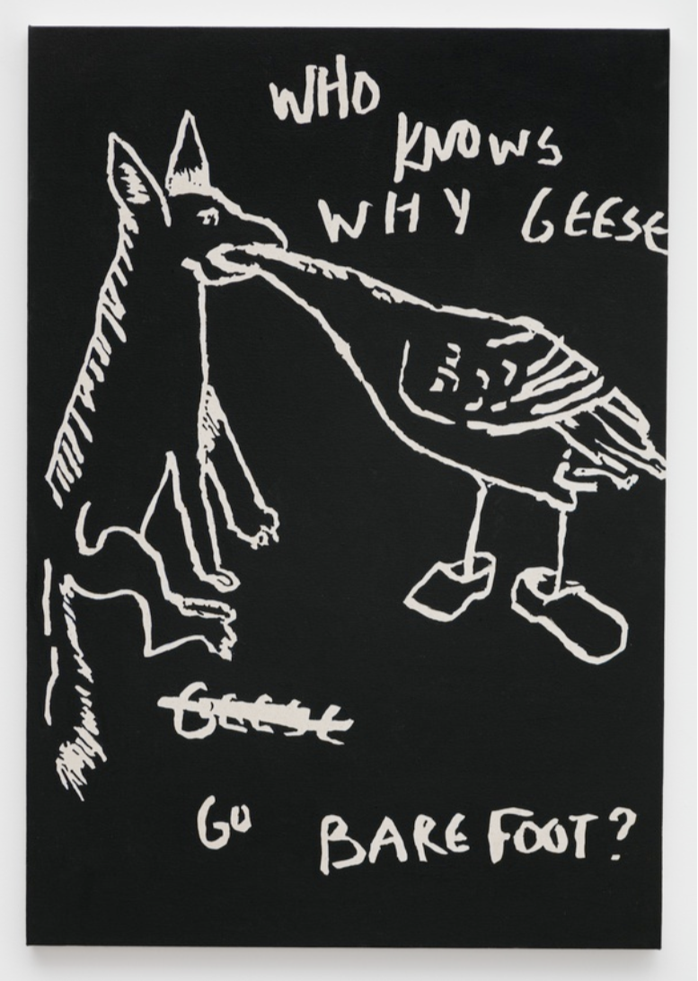 Who Knows Why Geese Go Barefoot? , 2016, acrylic and saral transfer dust on canvas, 40 x 30 in/101.6 x 76.2 cm