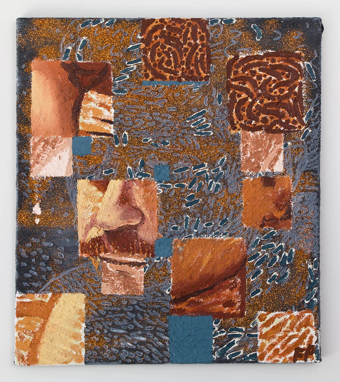 Man Searching 1 , 2018, oil, acrylic, sand, and glitter on towel, 34 × 30 in/86.36 × 76.2 cm