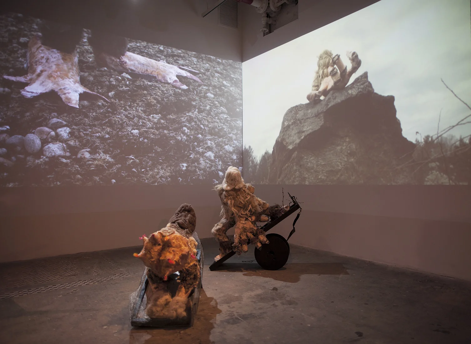 Becoming Beast , Installation view, NURTUREart, HD Three-channel video projection, 17:00, with sculptural models GM invertus: papier-mâché, wax raw wool, felt, wood, wire mesh, found objects, 26 x 20 x 29 in/66.04 x 50.8 x 73.66 cm Mono-handler: papier-mâché, wax, raw wool, felt, wood, branches, found objects, 38 x 13 x 37 in/96.52 x 33.02 x 93.98 cm