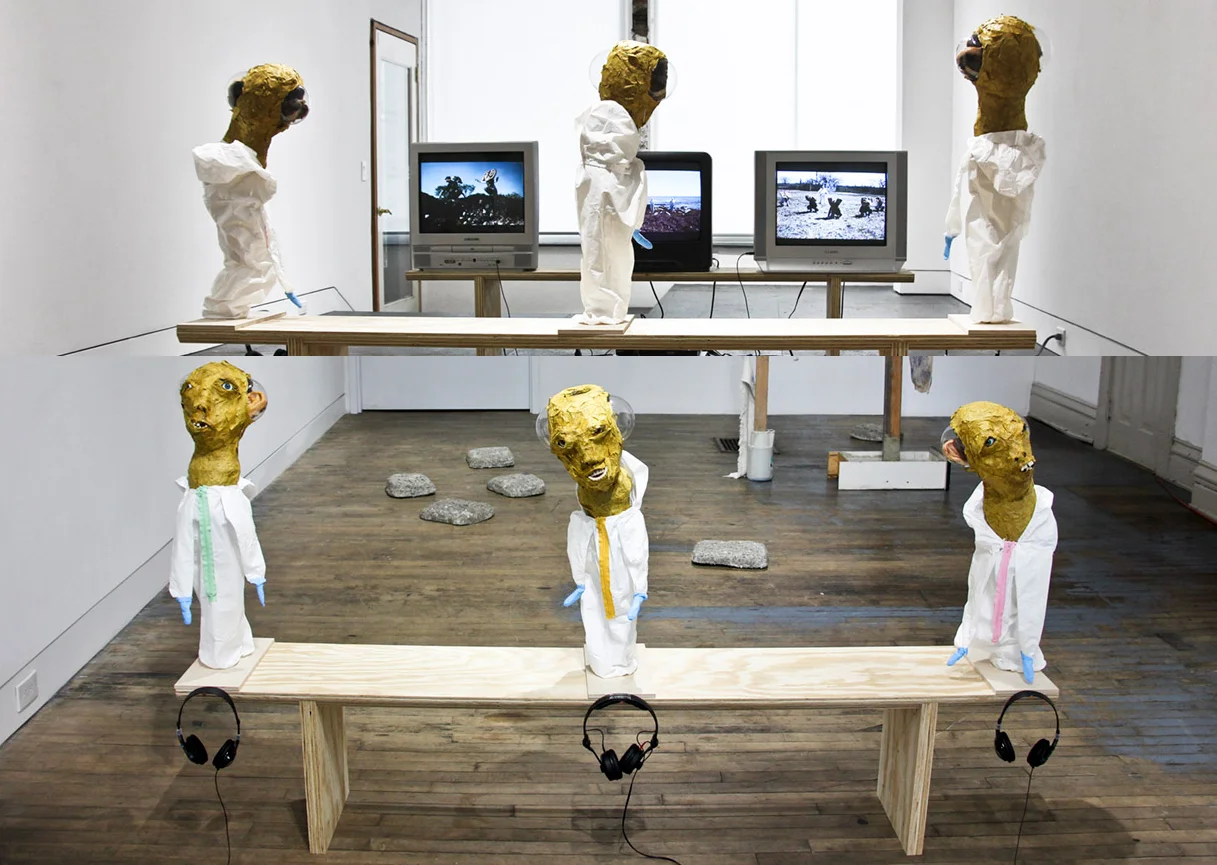 Panotti: The Mirror Stage: The Imaginary , three-channel video (color, sound) 4:15, sculpture installation, papier-mâché, tyvex, fake teeth, fake eyelashes, sculpey, plastic, wire, wood, three TV monitors, headphones, two wooden benches, dimensions variable