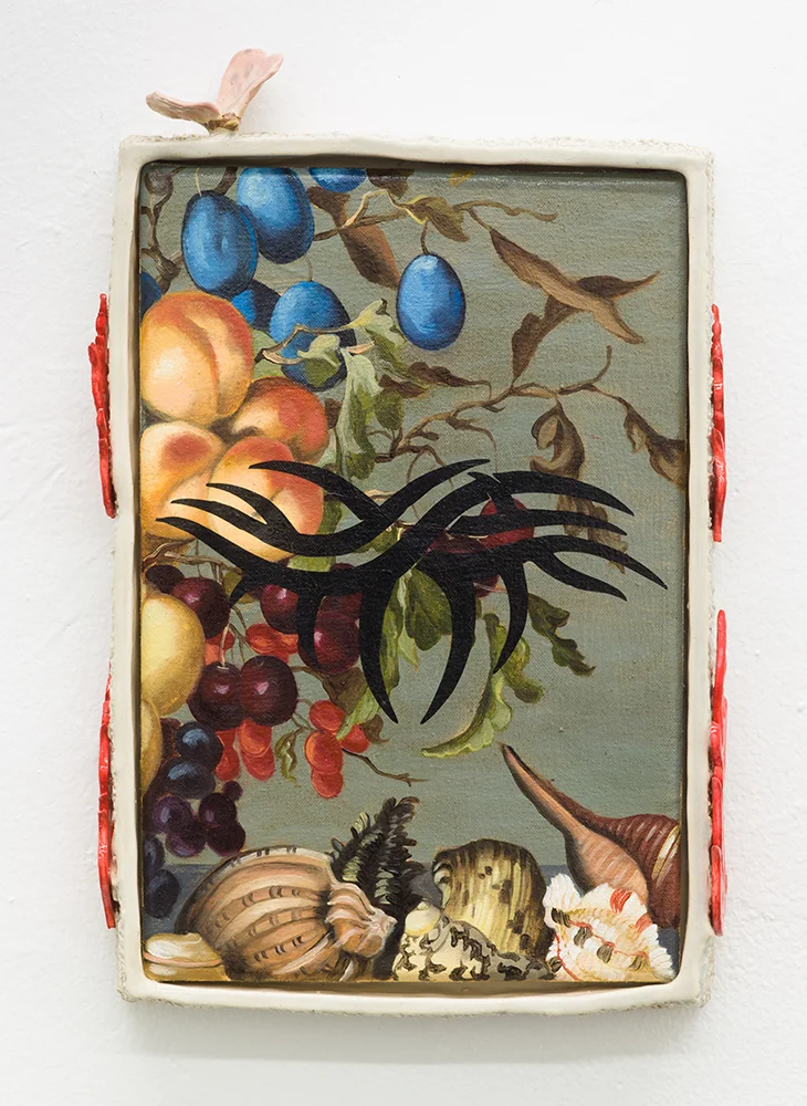 Stephanie Hier I go, I come back , 2018 Oil and temporary tattoo on canvas with glazed stoneware frame Overall: 15 × 10 × 2.5 in/38.1 × 25.4 × 6.35 cm Inquire