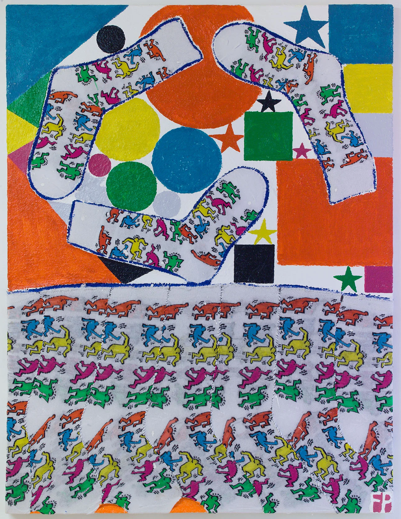 Shapes and Socks , 2019, oil paint, glitter, thread, socks, and towel, 42 x 32 in/106.68 × 81.28 cm