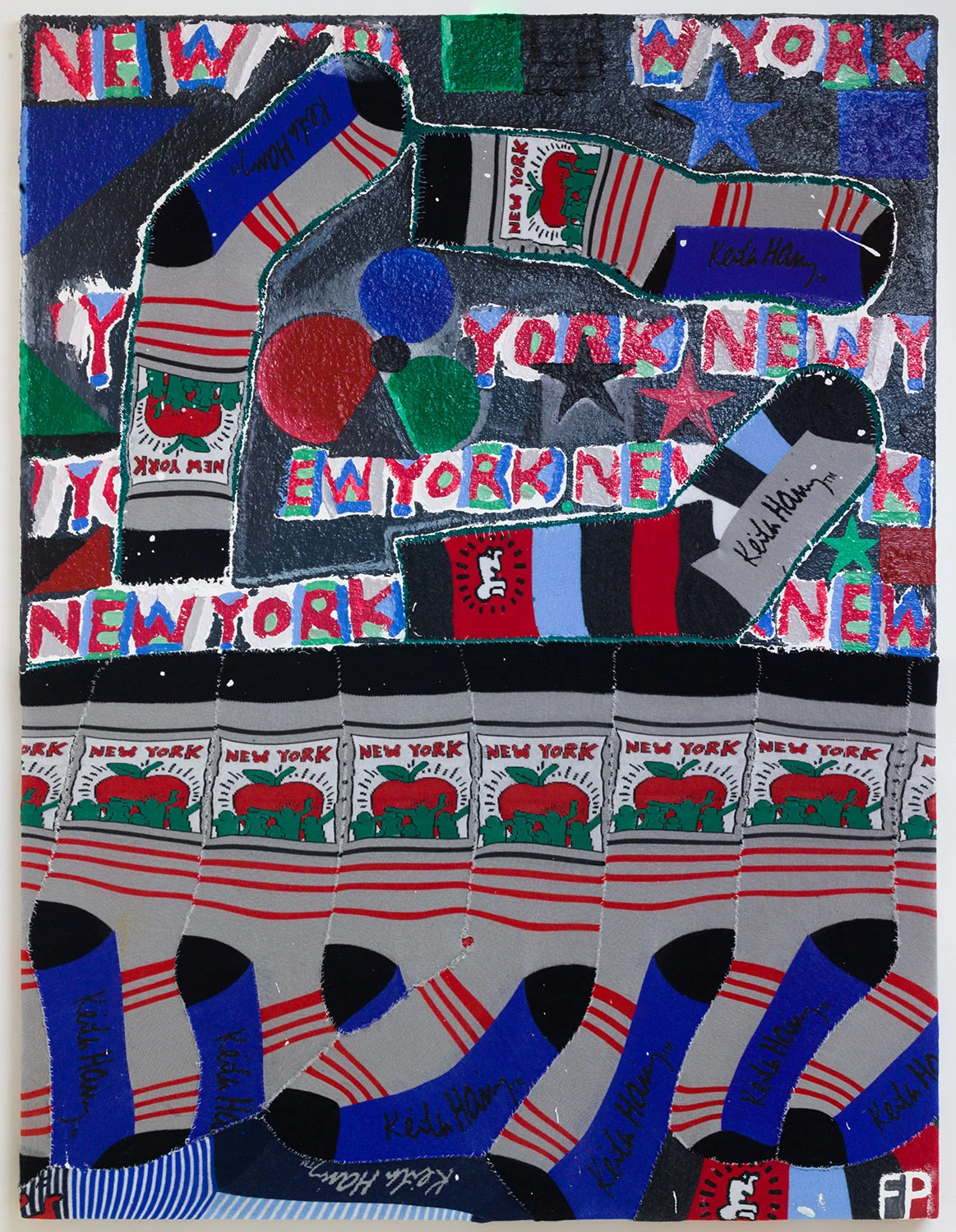New York City Socks , 2019, oil paint, sand, glitter, and t-shirts on canvas, 42 x 32 in/106.68 x 81.28 cm