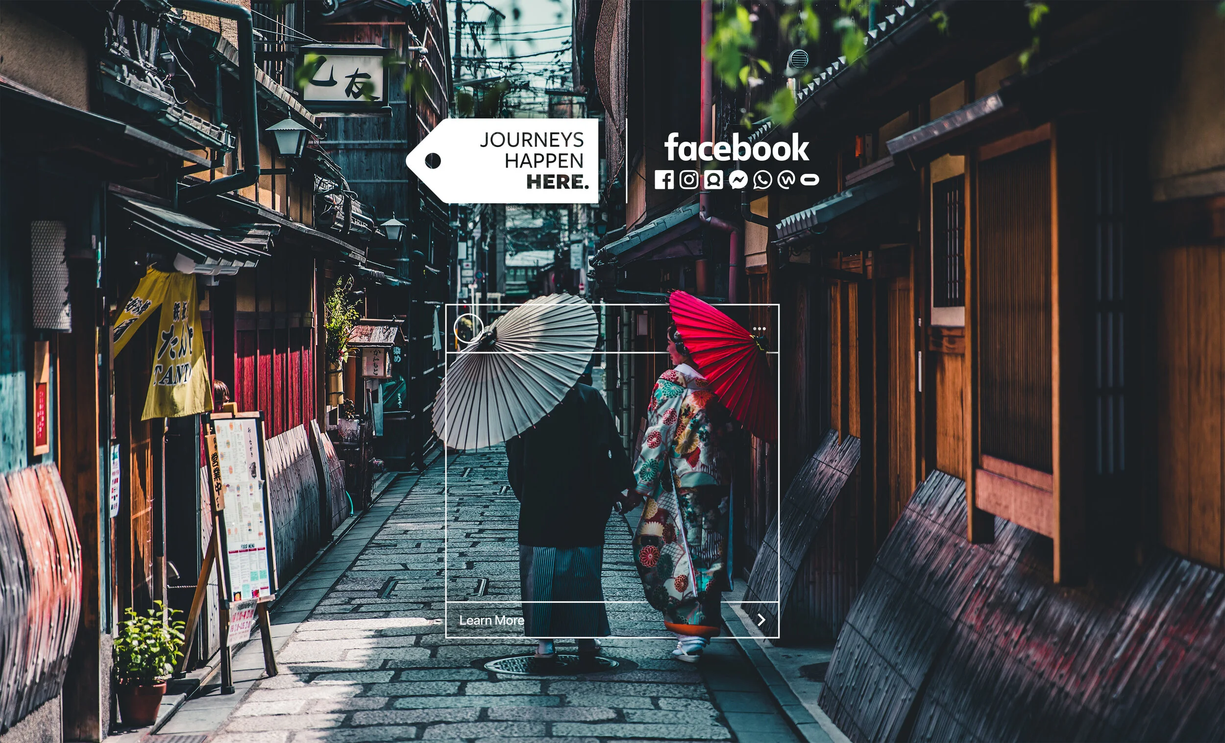 JOURNEYS HAPPEN HERE | FACEBOOKA portable ‘Event in a Box’ toolkit, complete with designed assets to build ‘Journeys Happen Here’ pop-up events across Europe, building on foundational work with an emotional stake around why people travel.2D Design‘J…