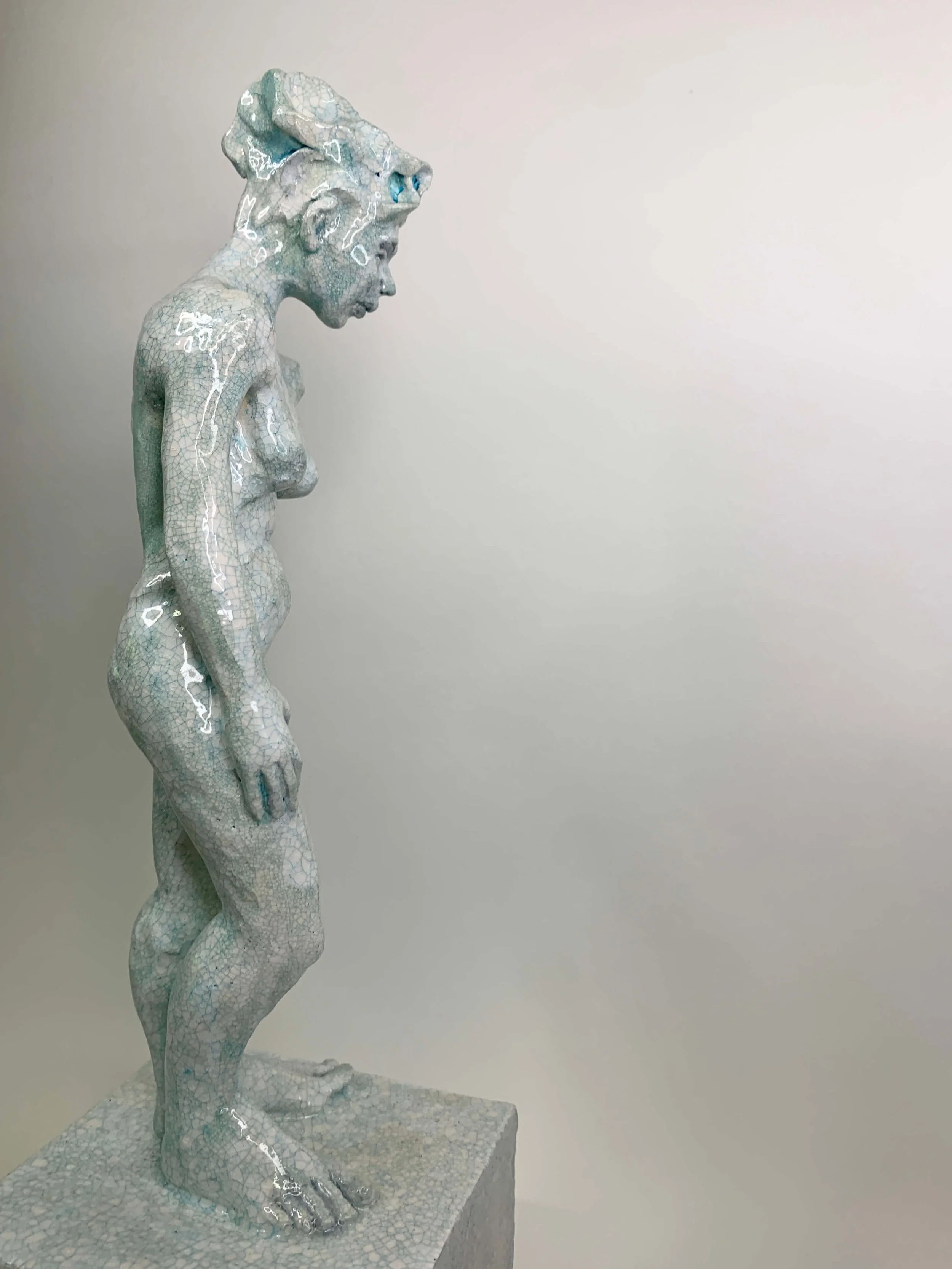 Crackled Blue Ceramic Figurative Sculpture by Sandra Robinson Studio