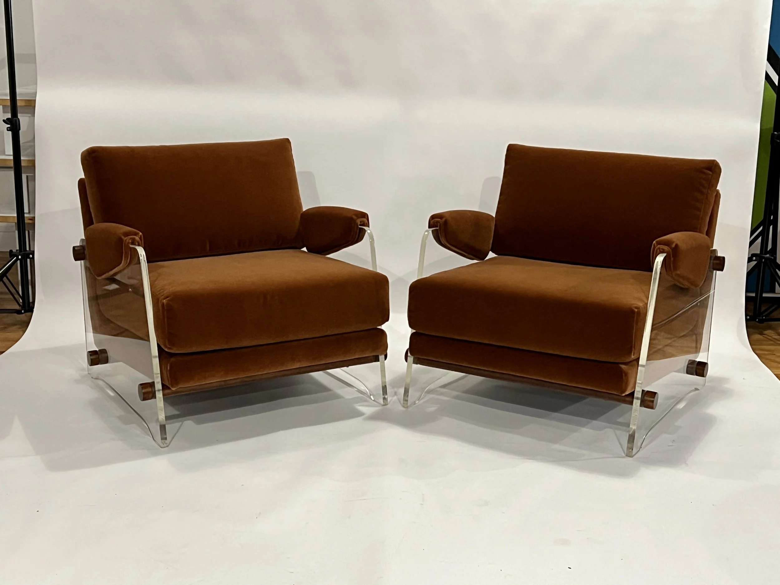 Pair of Lucite Lounge Chairs in Rust Mohair