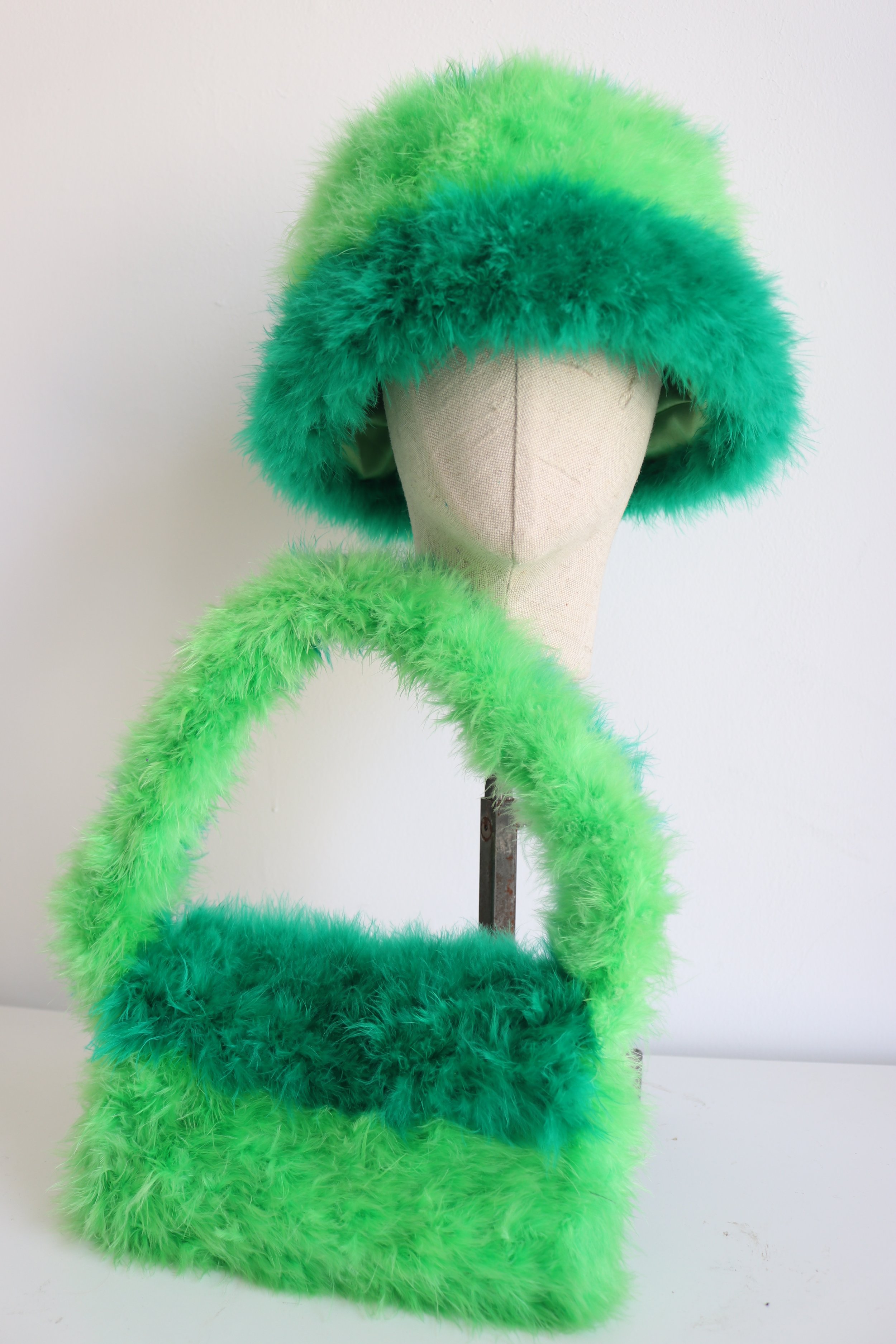JimmyPaul 2-Tone Green Marabou Feather SET - Fluffy Bucket Hat and Purse