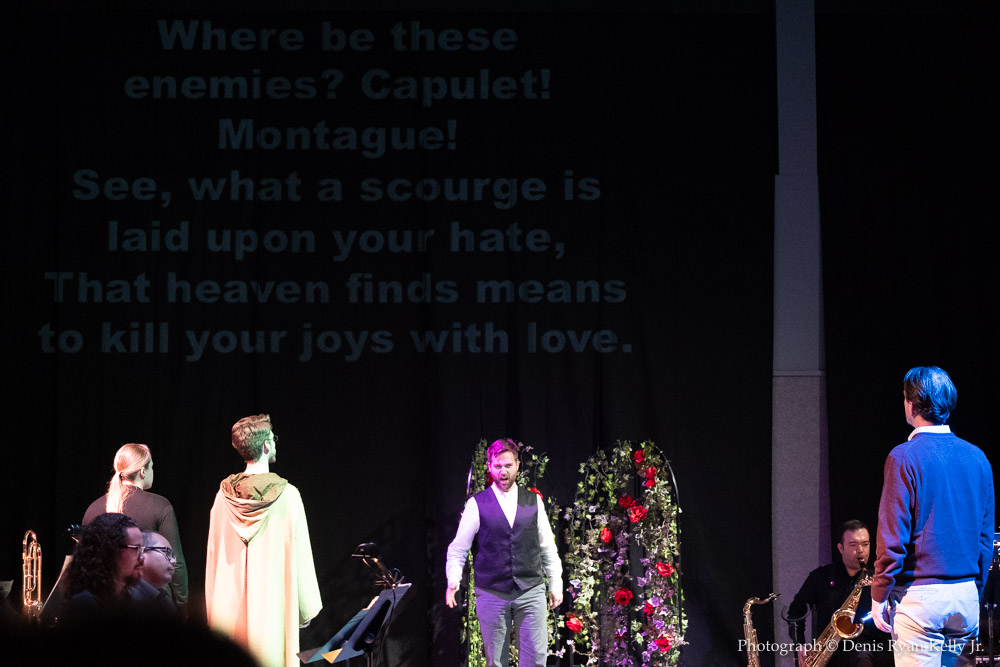  Emily Spencer as the Nurse (far left); Michael Colman as Friar Laurence (center left); Nathanael Hein as the Prince; Christopher Burchett as Lord Capulet  Photo Credit: Denis Ryan Kelly, Jr. 