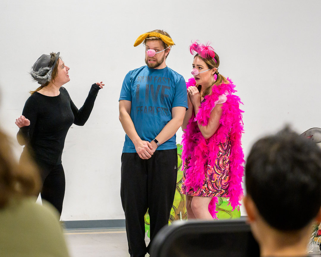  Lauren Carter as the Wolf (left); Zachary Angus as Larry Pig (center); Therese Pirçon as Susie Pig (right) Photo Credit: Roger David Manning 