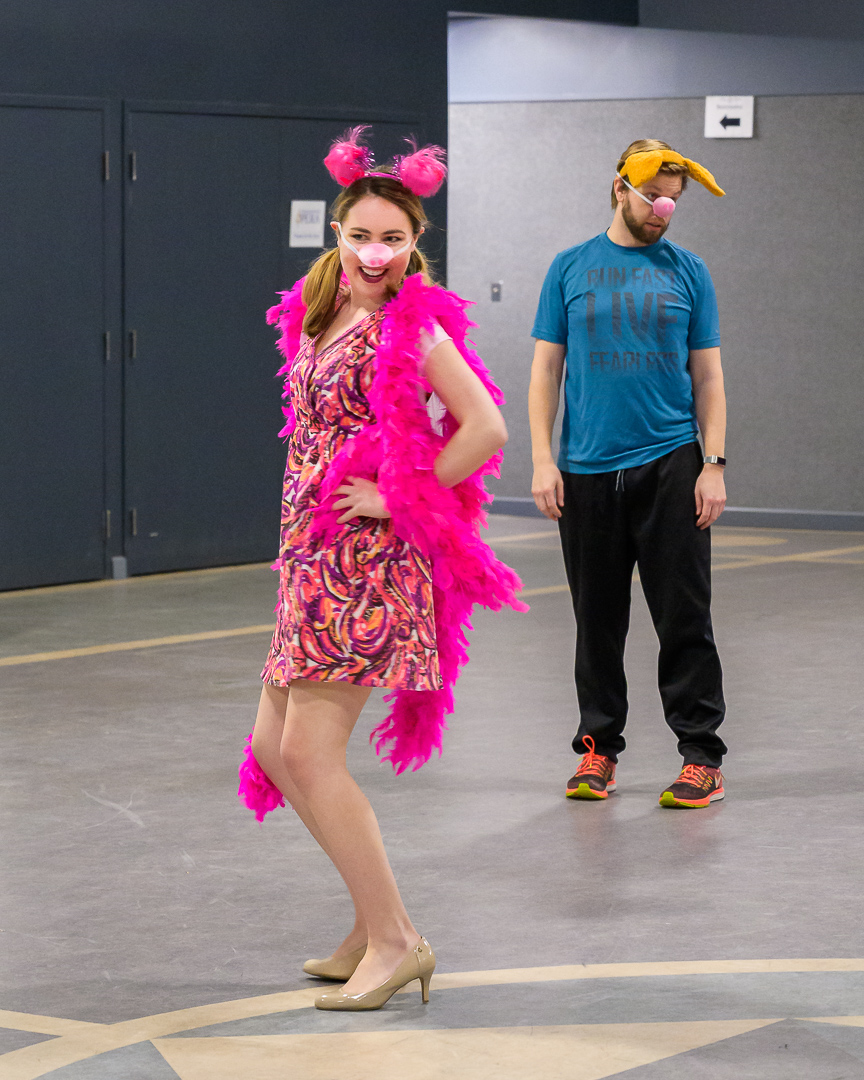  Therese Pirçon as Susie Pig (center); Zachary Angus as Larry Pig (right)  Photo Credit: Roger David Manning 