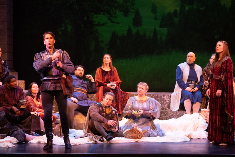  Luke Scott as Lancelot (left); Daniel Narducci as Arthur (center); Marci Jackson as Guenevere (right); Indianapolis Opera Chorus  Photo Credit: Denis Ryan Kelly, Jr. 