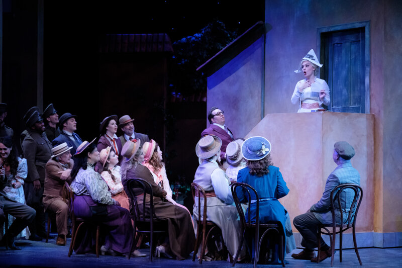  Ashley Fabian as Adina (right); Gary Simpson as Dulcamara (center); Indianapolis Opera Chorus  Photographs by Denis Ryan Kelly Jr. 