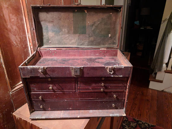 Sold at Auction: Antique Wooden Tool Box w/Contents.