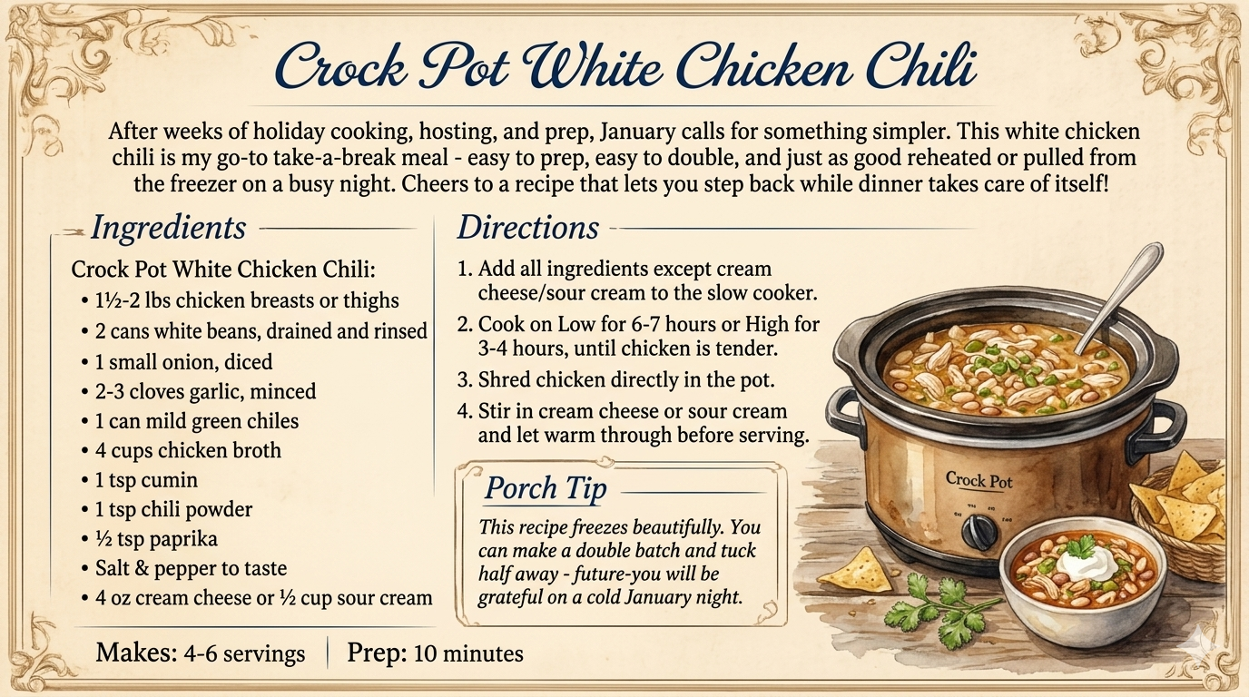 Crock Pot White Chicken Chili:  An easy slow-cooker comfort meal that’s perfect for busy weeknights.