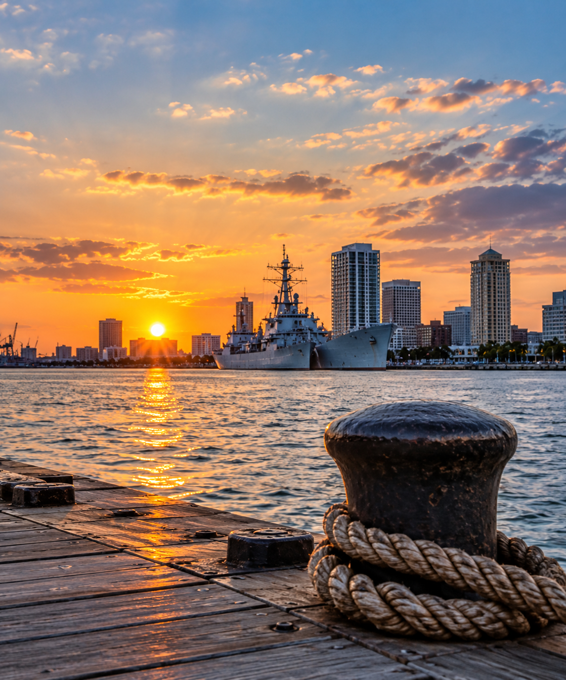 Illustrative Hampton Roads maritime waterfront scene with harbor, Navy ship and skyline at sunset