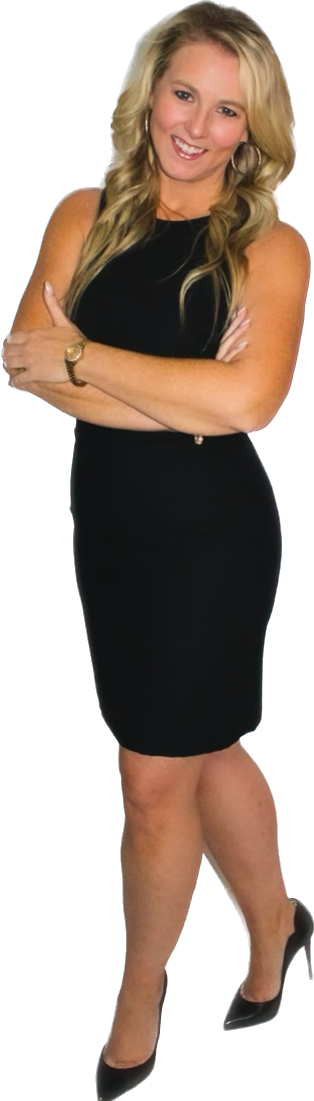 A smiling woman with blonde, wavy hair wearing a fitted black dress and black heels, standing with crossed arms.