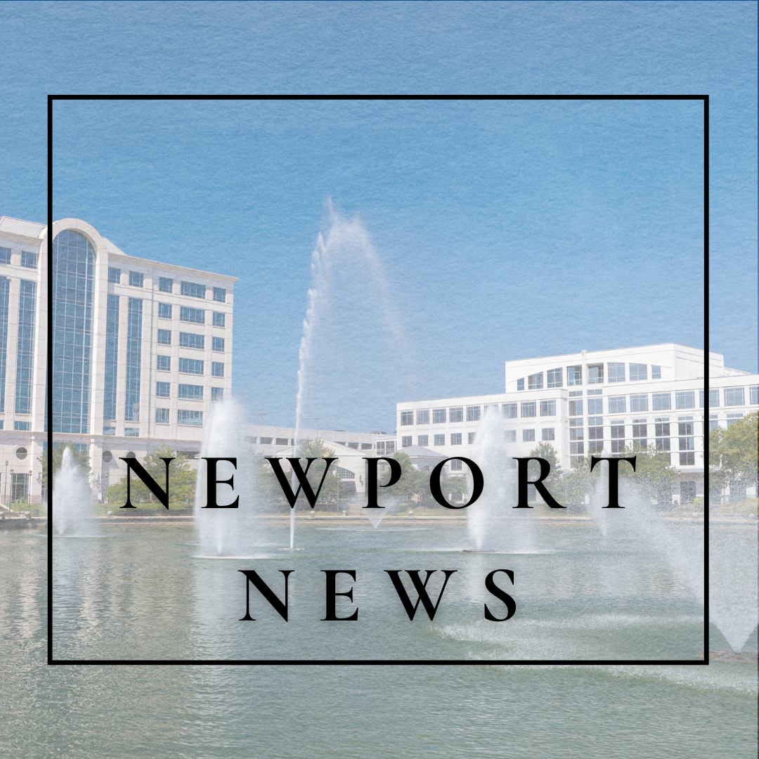 Water fountain in a pond with high-rise buildings in the background and the text 'Newport News' overlaid.
