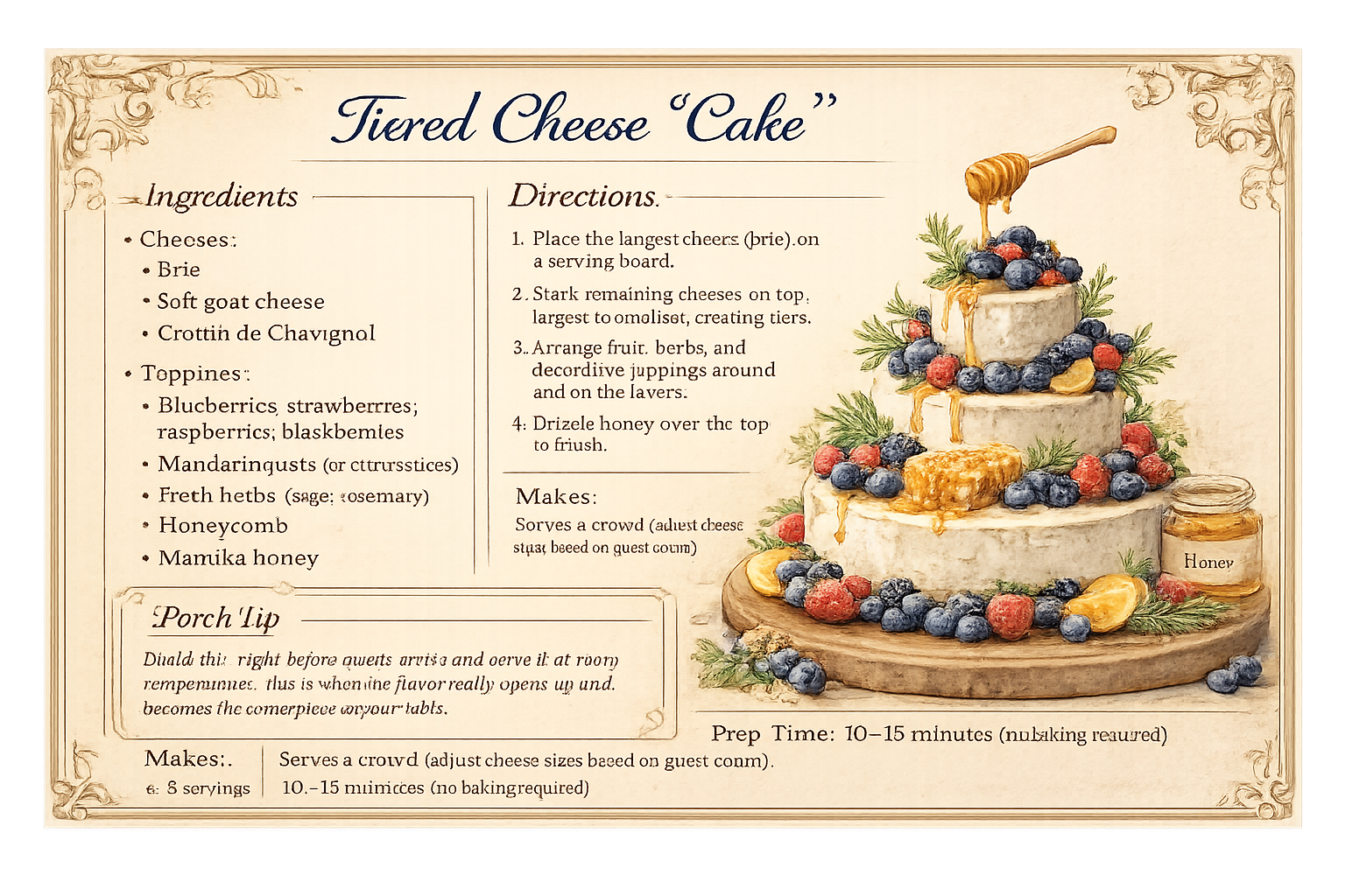 Charcuterie cheese cake recipe with brie, berries, and honey for entertaining