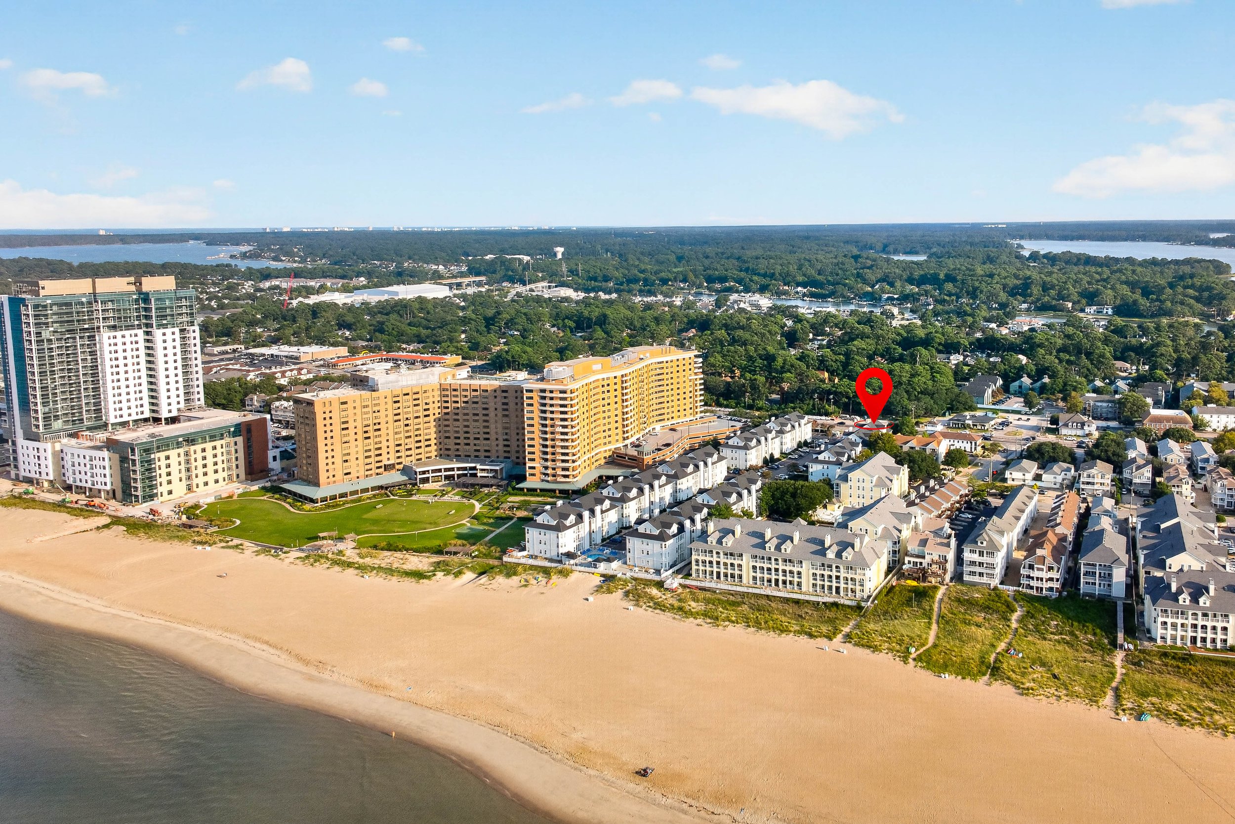 An aerial view places the home within gated Lynnhaven Beach, near Shore Drive and the Chesapeake Bay.