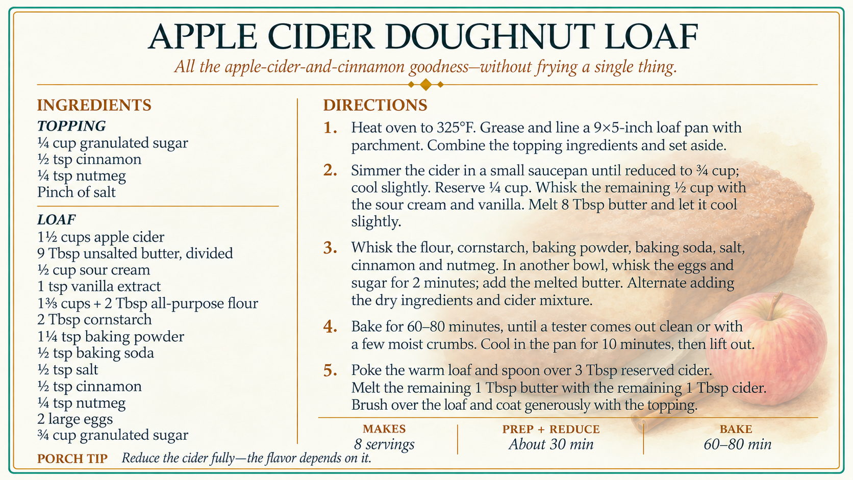 Apple Cider Doughnut Loaf: All the apple-cider-and-cinnamon goodness of a cider doughnut—without frying a single thing. An easy fall loaf for brunch, sharing with a neighbor or enjoying with coffee.