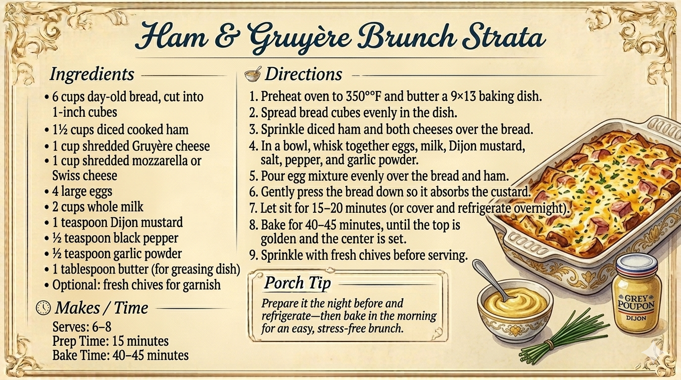 Ham & Gruyère Brunch Strata:    A make-ahead brunch favorite that’s perfect for weekends or gatherings.