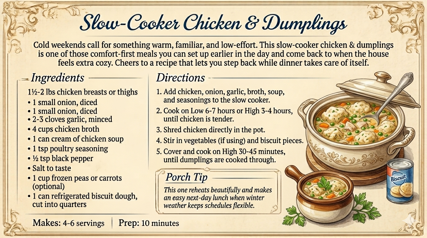 Chicken & Dumplings:  A slow-cooked comfort dish that feels like home—simple, hearty, and perfect for gathering around the table.