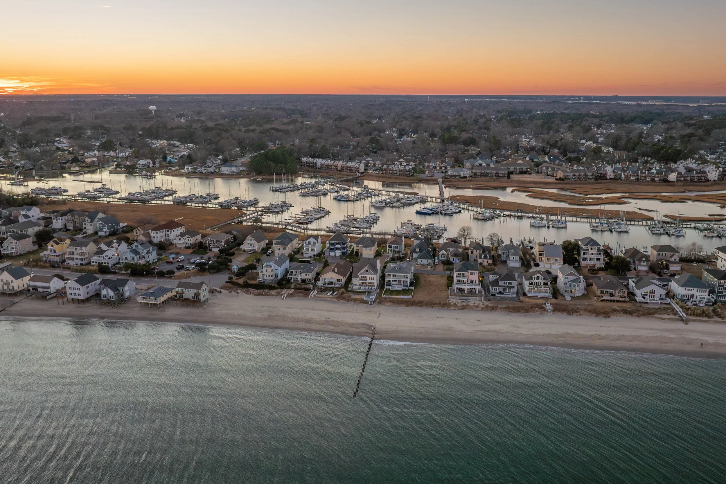 Aerial view of Buckroe Beach, Chesapeake Bay and marina in Hampton, Virginia