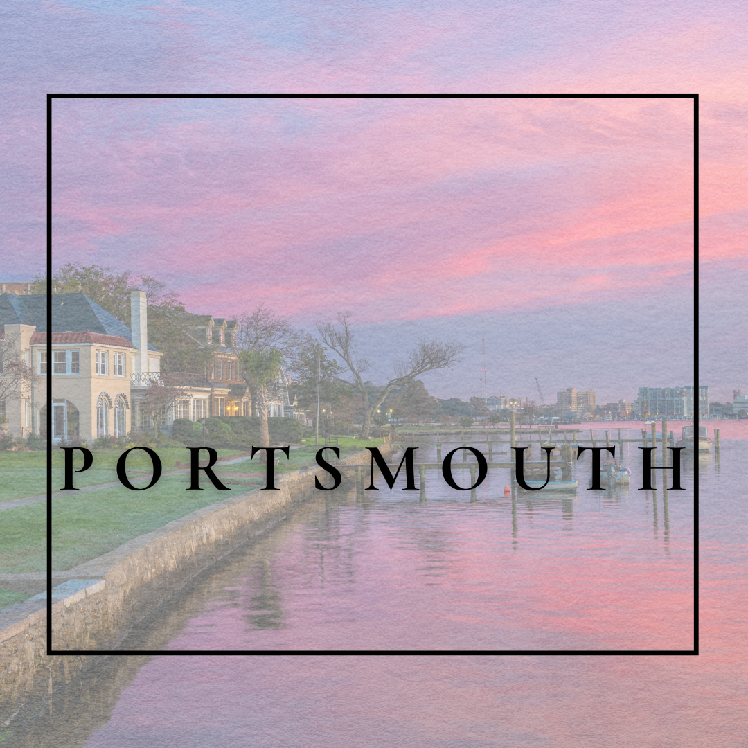 Scenic view of a waterfront with houses, trees, and a city skyline in the distance at sunset, with the text 'Portsmouth' overlaid.