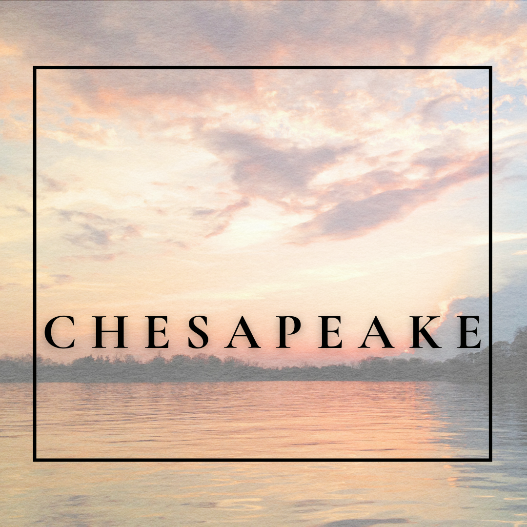 A serene sunset over Chesapeake Bay with pink and orange clouds reflected on calm water, framed with a black outline and the word 'Chesapeake' in large black letters in the center.