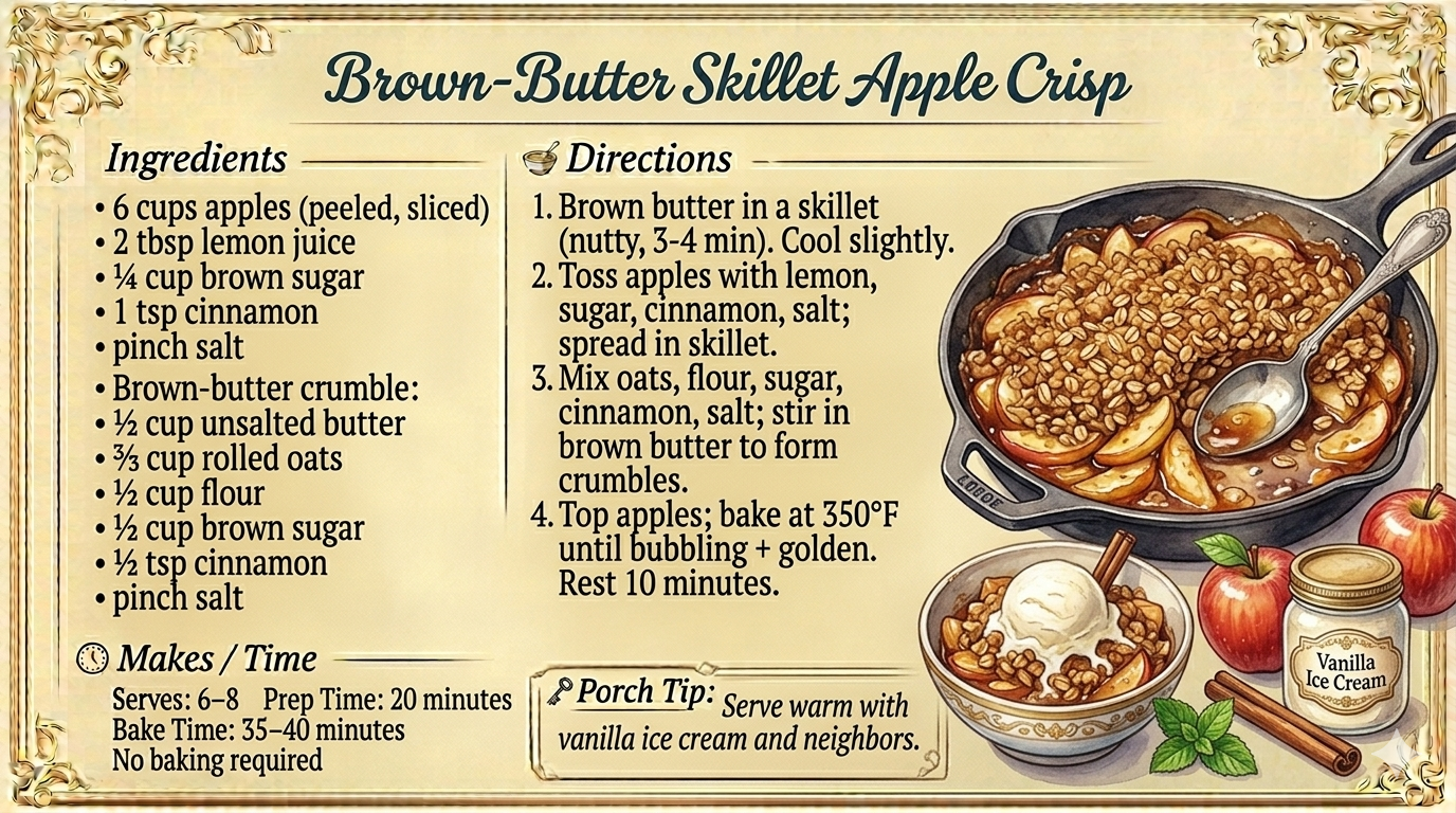 Brown-Butter Skillet Apple Crisp:  A warm, golden dessert with rich brown butter and tender apples—perfect for cozy evenings and effortless entertaining.